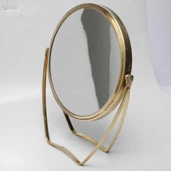 Vintage Brass Swivel Round Makeup Mirror Magnify Gold Table Top Vanity Metal - Picture 5 of 10